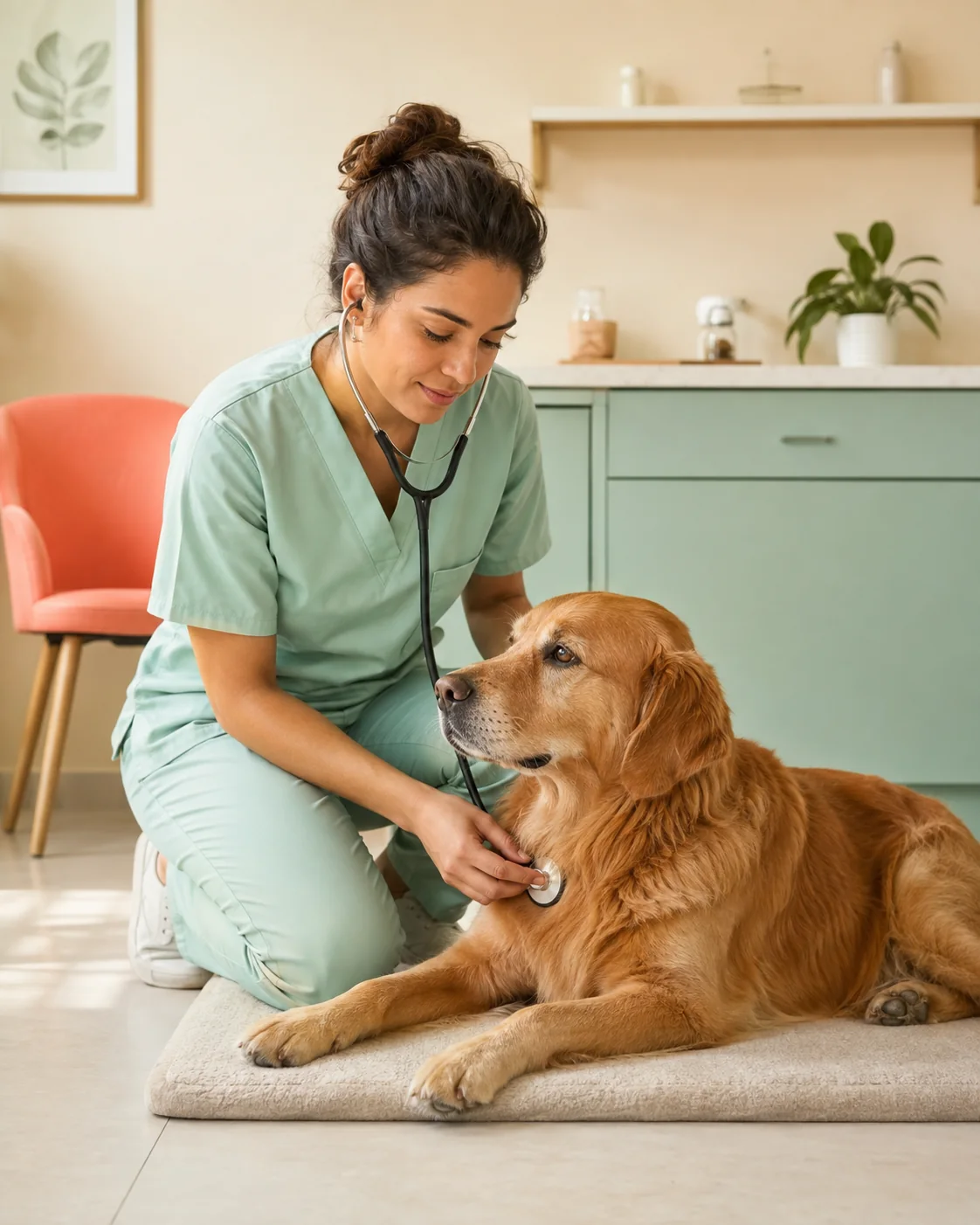Veterinária examinando um cachorro com cuidado em uma clínica acolhedora